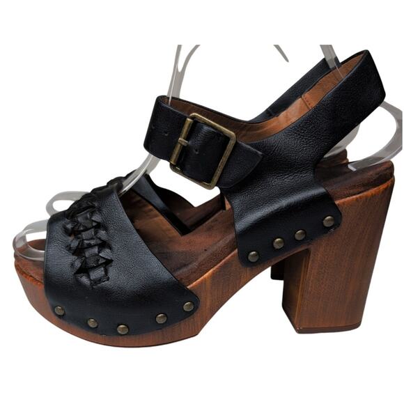 Chunky Woven Platform Heel Sandals 8M Faux‎ Leather Wood Boho Festival Summer - Picture 2 of 7